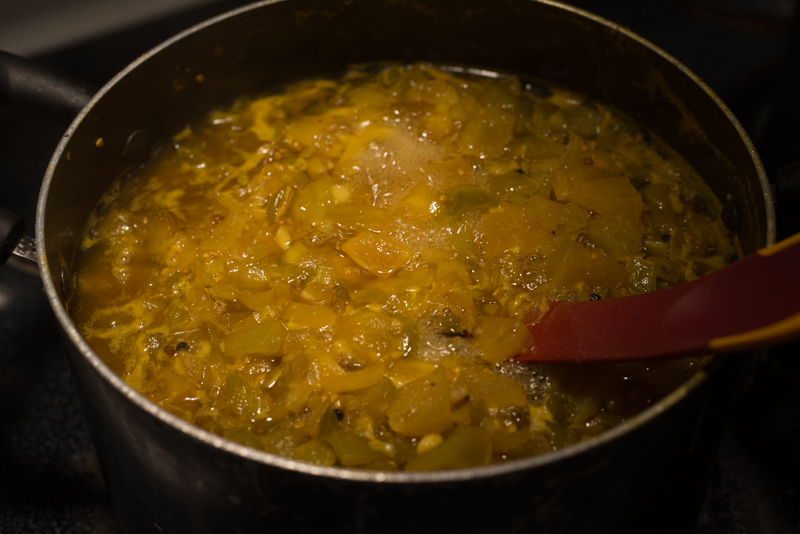 Cooking stage of Green Tomato Picallilli